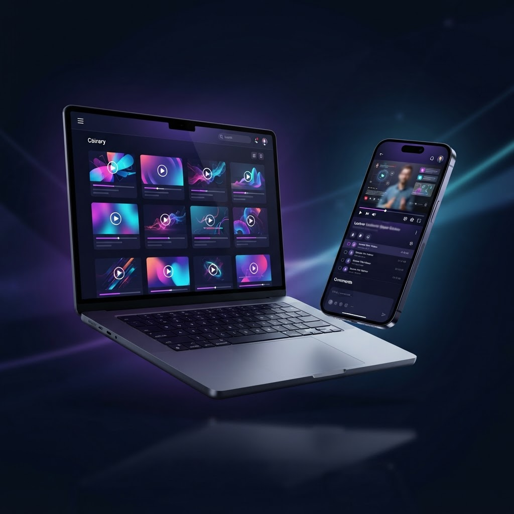 Plataforma de cursos em vídeo exibida em laptop e celular